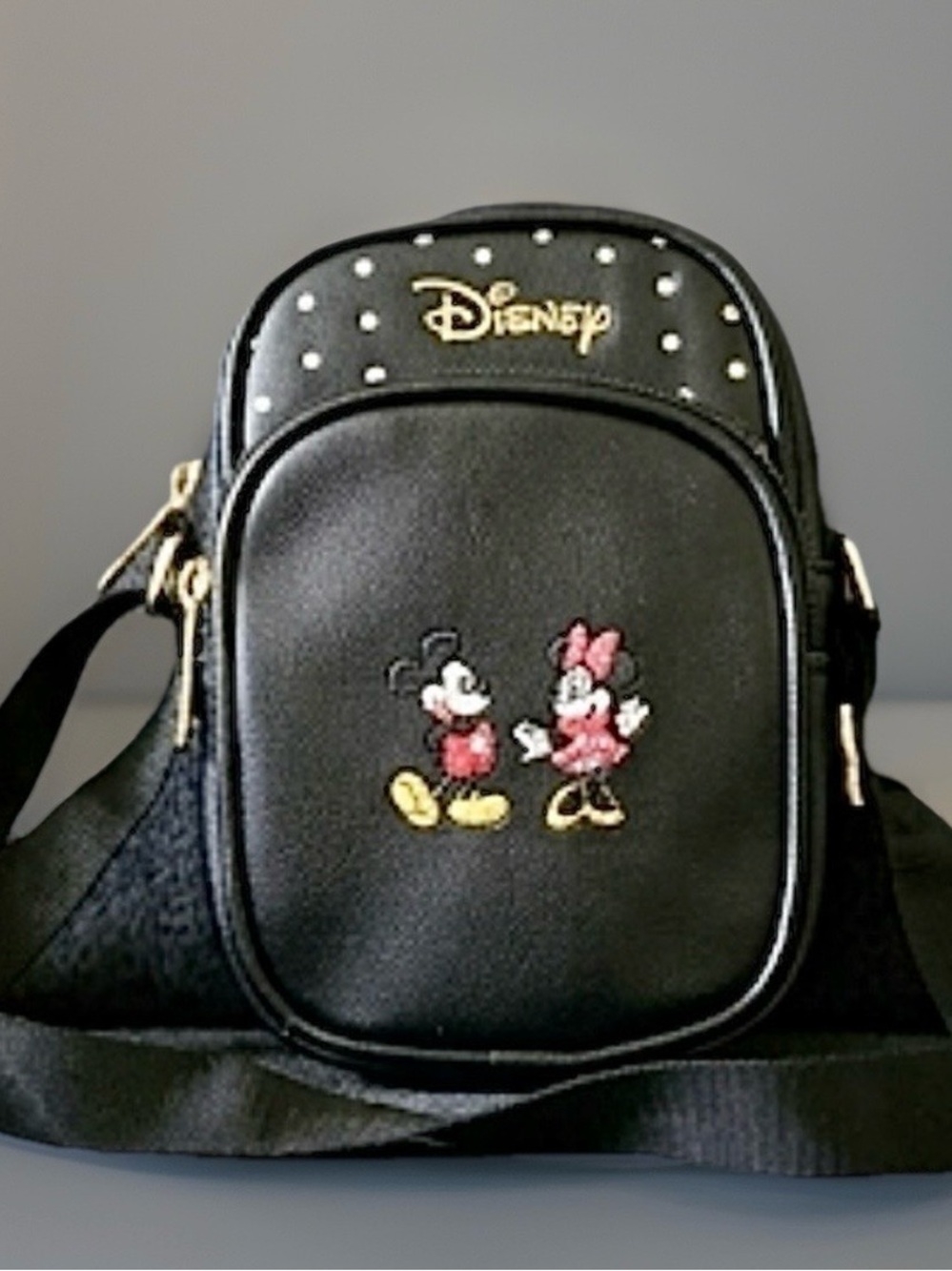 Disney Black Mini Crossbody with Mickey & Minnie Embroidery